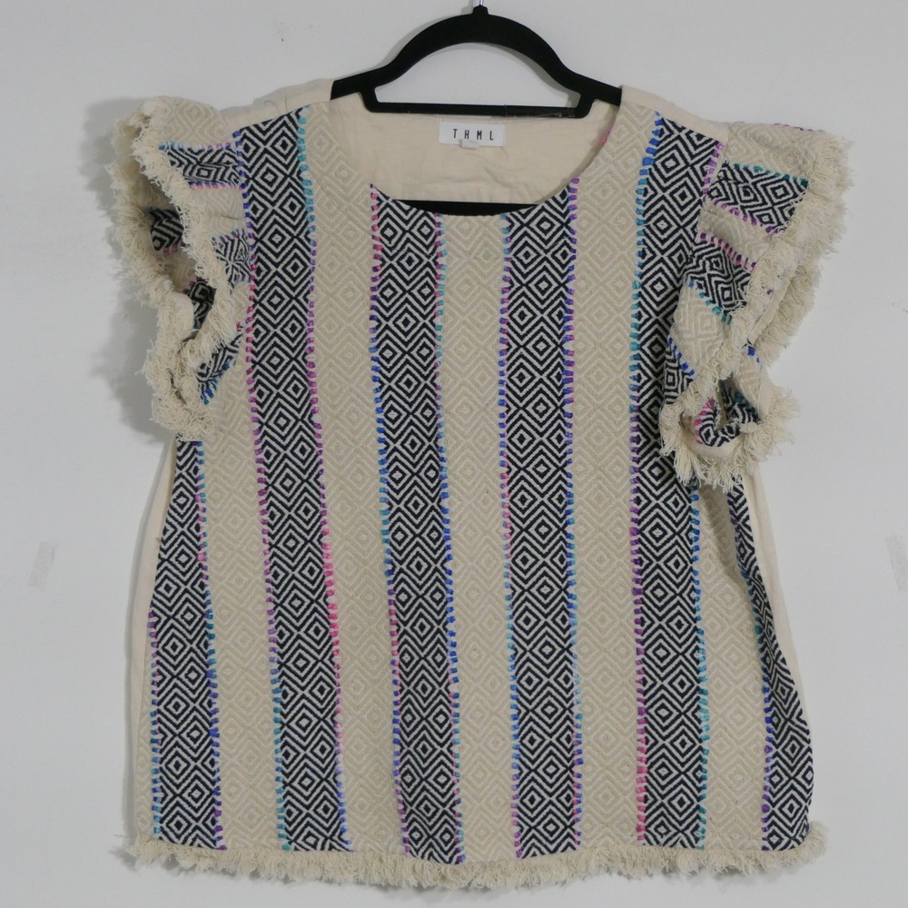 THML Womens Top S Cream Geometric Boho Ruffle Fringe SRT1438-1-CR Tribal Artisan